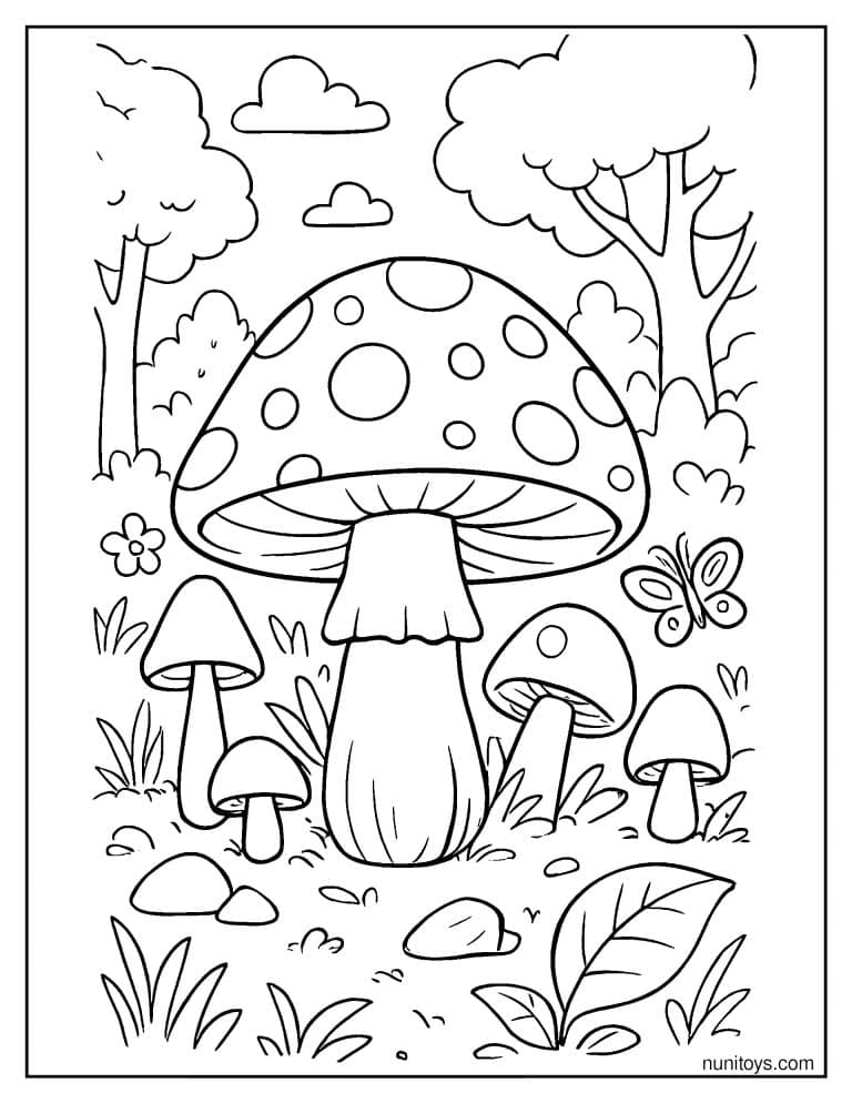 Coloriage grand champignon dans une clairière avec papillon
