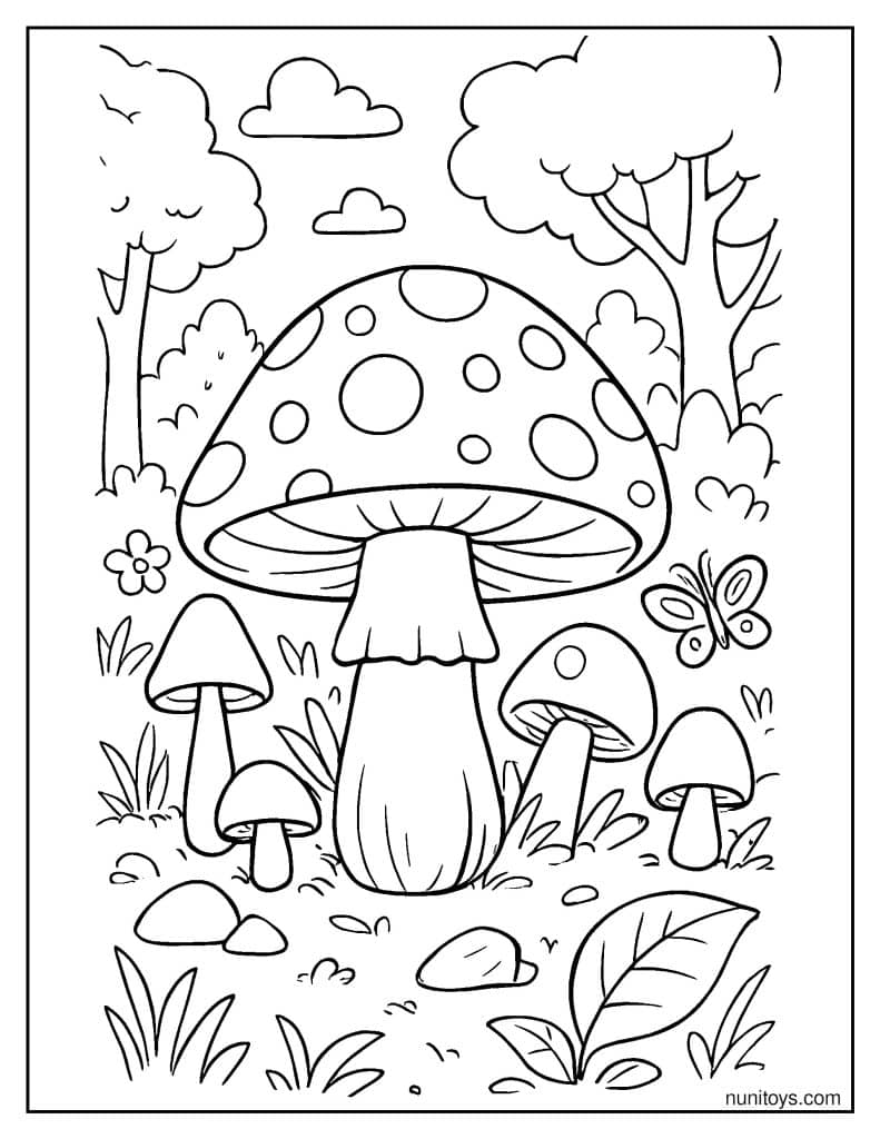 Forest Mushrooms with Butterfly Nature Coloring Page