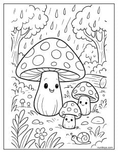 Smiling Mushrooms Sheltering from Rain Coloring Page