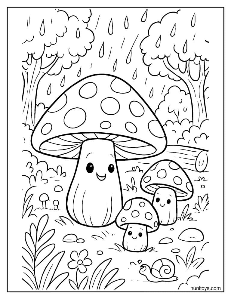Coloriage famille de champignons souriants sous la pluie en forêt