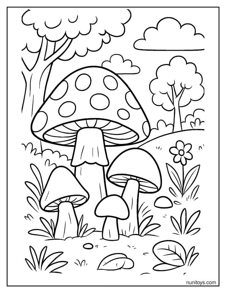 Forest Mushrooms Growing Among Plants and Trees Coloring Page