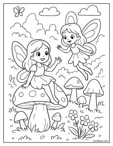 Fairies Playing Above Mushroom in Nature Coloring Page