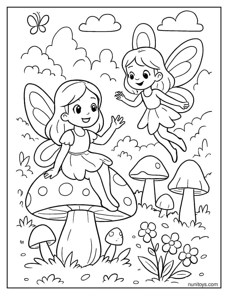Coloriage deux petites fées jouant parmi les champignons