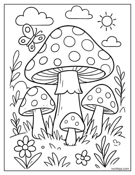 Butterfly and Mushrooms in a Sunny Garden Coloring Sheet