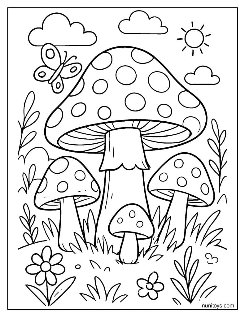 Butterfly and Mushrooms in a Sunny Garden Coloring Sheet