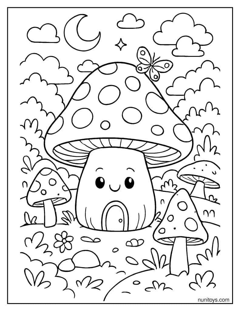 Cozy Mushroom House Under Night Sky Coloring Sheet
