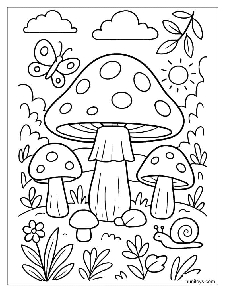 Forest Mushrooms with Snail and Butterfly Printable Coloring Page