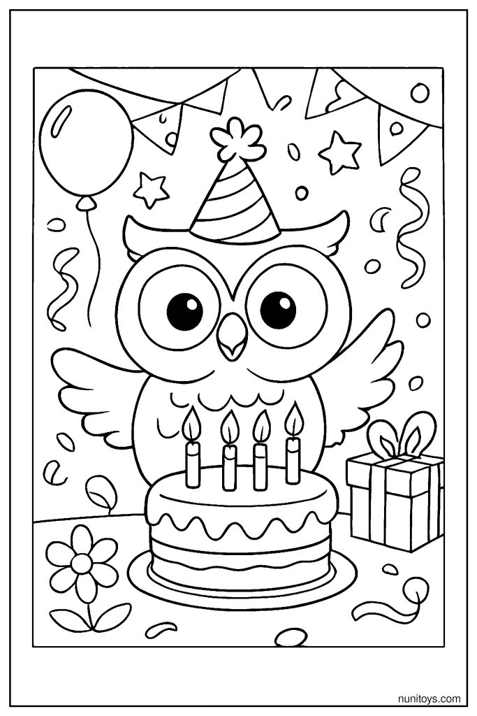 דף צביעה של ינשוף חוגג יום הולדת עם עוגה ונרות