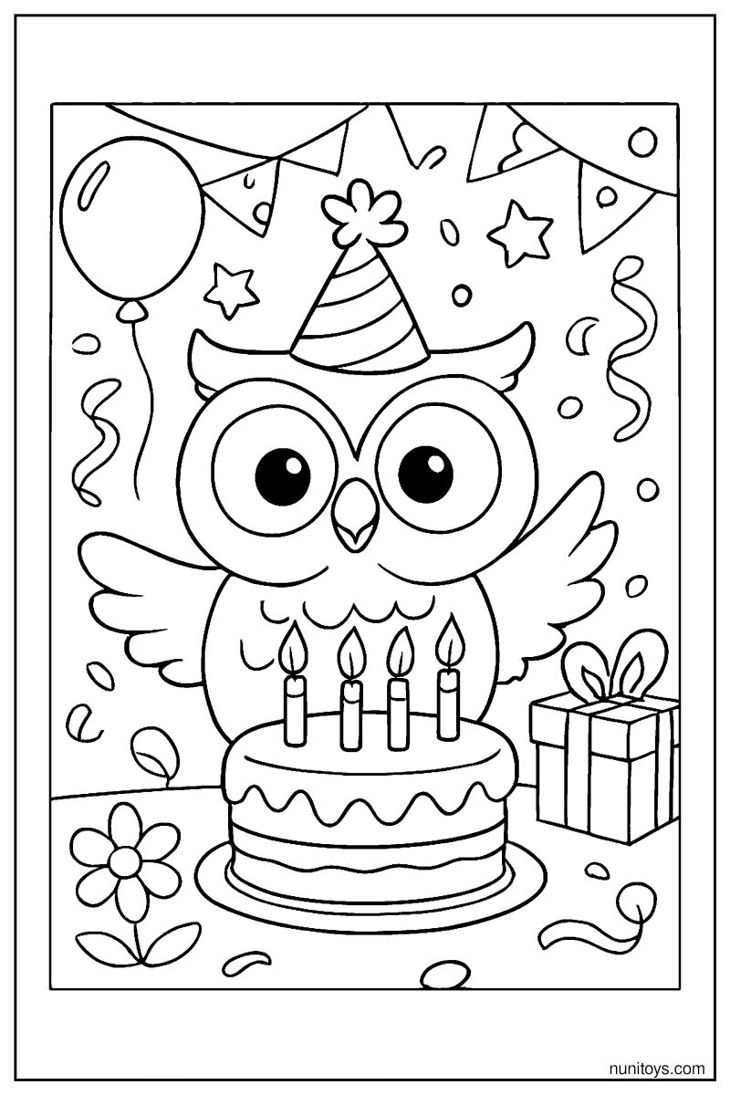 דף צביעה של ינשוף חוגג יום הולדת עם עוגה ונרות
