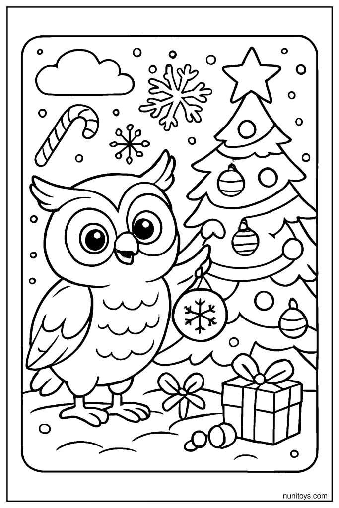 דף צביעה של ינשוף מקשט עץ חג מולד עם מתנות