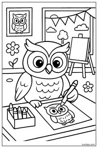 דף צביעה של ינשוף מצייר ציור בכיתה עם צבעים