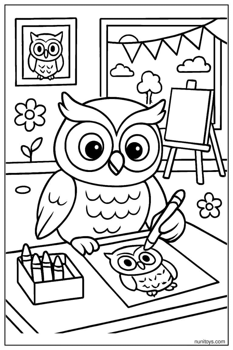 Coloriage d’un hibou dessinant un autre hibou en classe