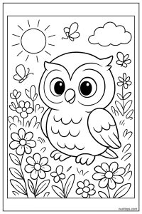 דף צביעה של ינשוף קטן בגינה מלאה פרחים ופרפרים