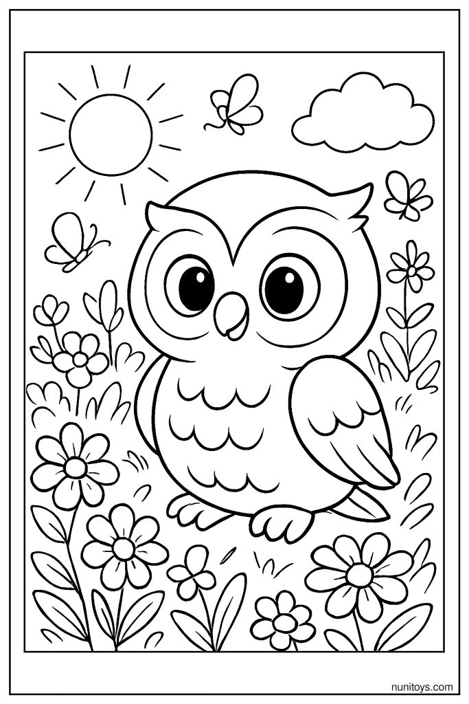 דף צביעה של ינשוף קטן בגינה מלאה פרחים ופרפרים