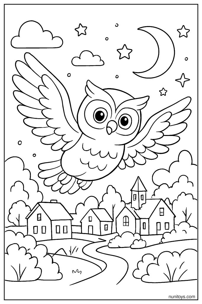 דף צביעה של ינשוף מעופף מעל כפר בלילה עם ירח וכוכבים