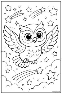 דף צביעה של ינשוף מעופף בשמיים בין כוכבים ועננים