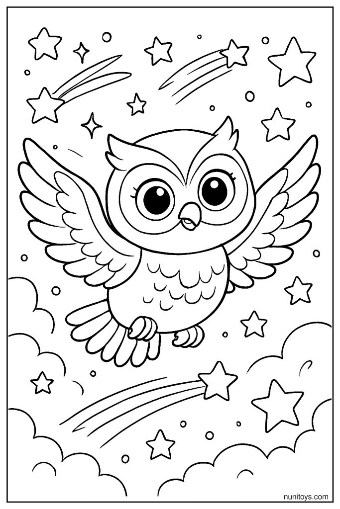 דף צביעה של ינשוף מעופף בשמיים בין כוכבים ועננים