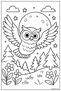 Owl Flying Across the Moon in the Night Forest Coloring Page