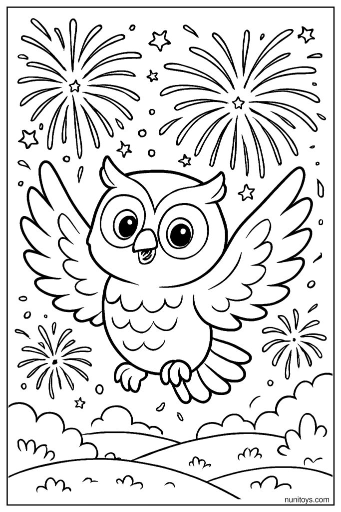 דף צביעה של ינשוף מעופף עם זיקוקים בשמיים