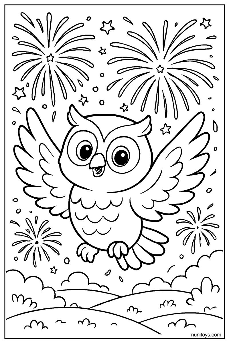 דף צביעה של ינשוף מעופף עם זיקוקים בשמיים