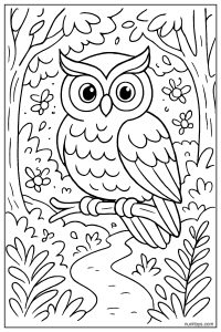 דף צביעה של ינשוף יושב על ענף ביער עם שביל ונחל