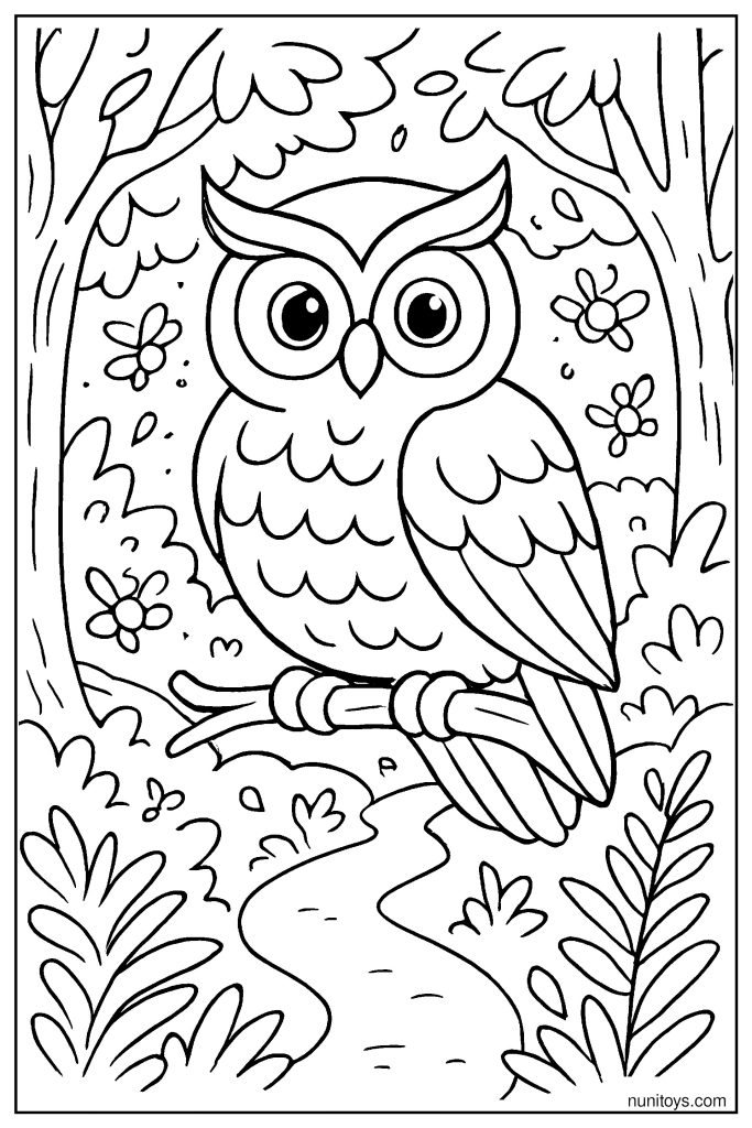 דף צביעה של ינשוף יושב על ענף ביער עם שביל ונחל