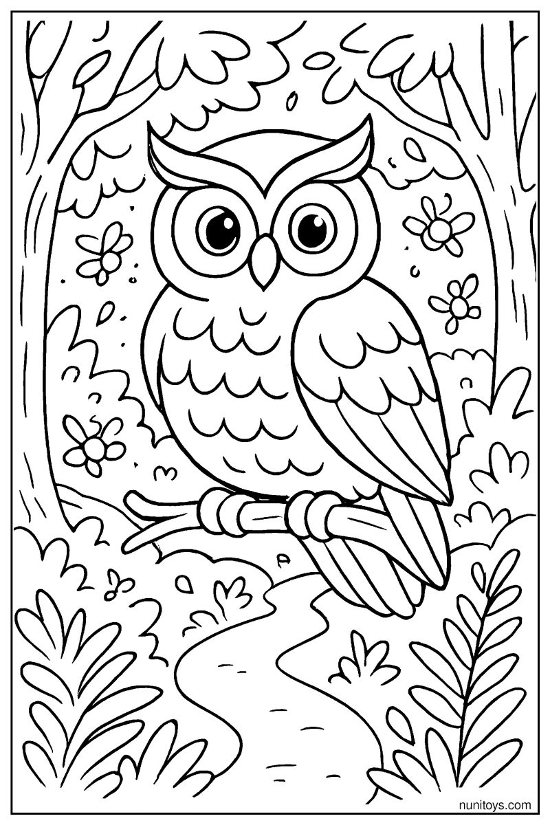 דף צביעה של ינשוף יושב על ענף ביער עם שביל ונחל