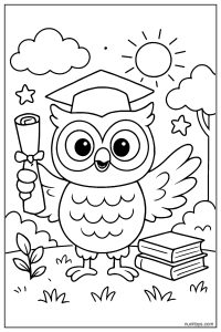 דף צביעה של ינשוף בוגר עם תעודה וכובע סיום בגינה