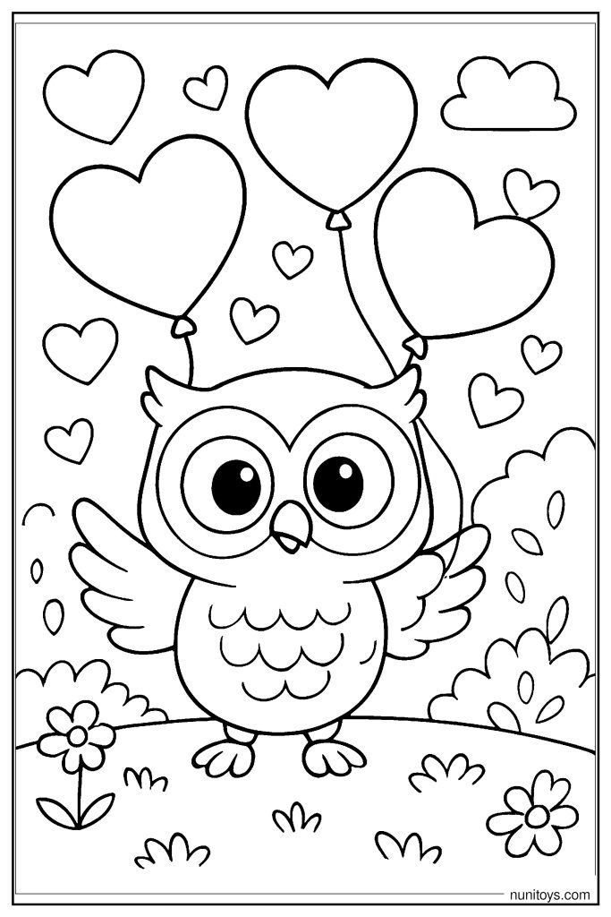 דף צביעה של ינשוף מחזיק בלוני לב ליום האהבה