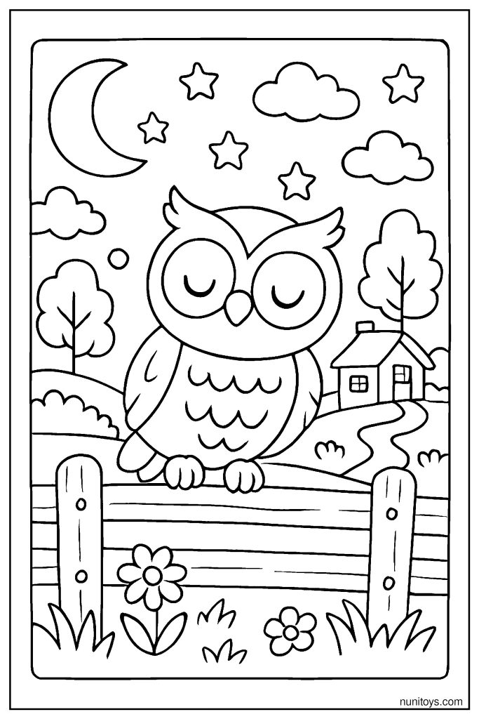 דף צביעה של ינשוף ישן על גדר ליד בית בכפר בלילה