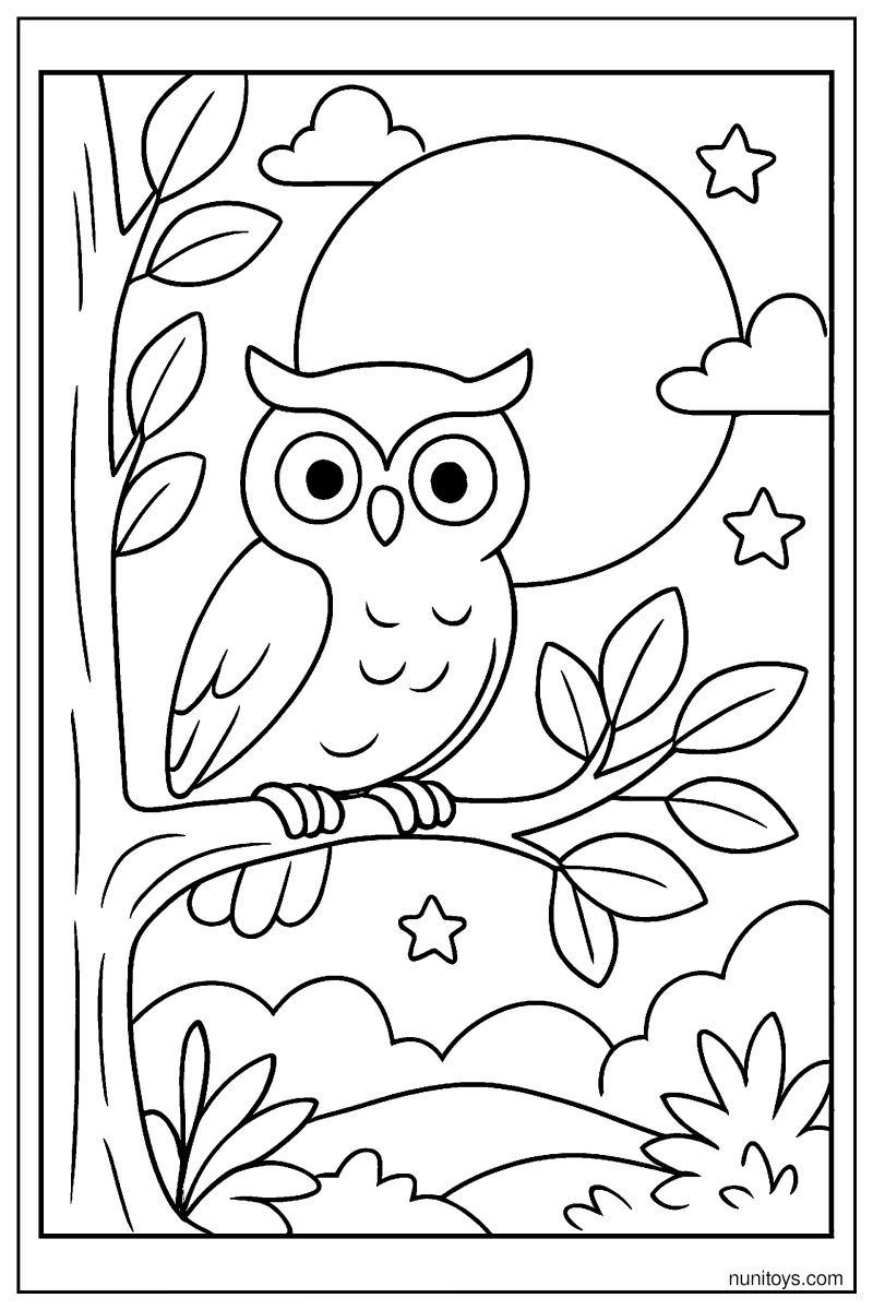 דף צביעה של ינשוף יושב על ענף מול ירח גדול בלילה