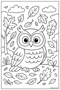 דף צביעה של ינשוף מוקף עלי סתיו נושרים ביער