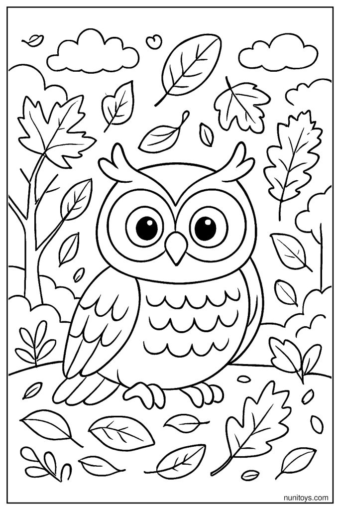 דף צביעה של ינשוף מוקף עלי סתיו נושרים ביער