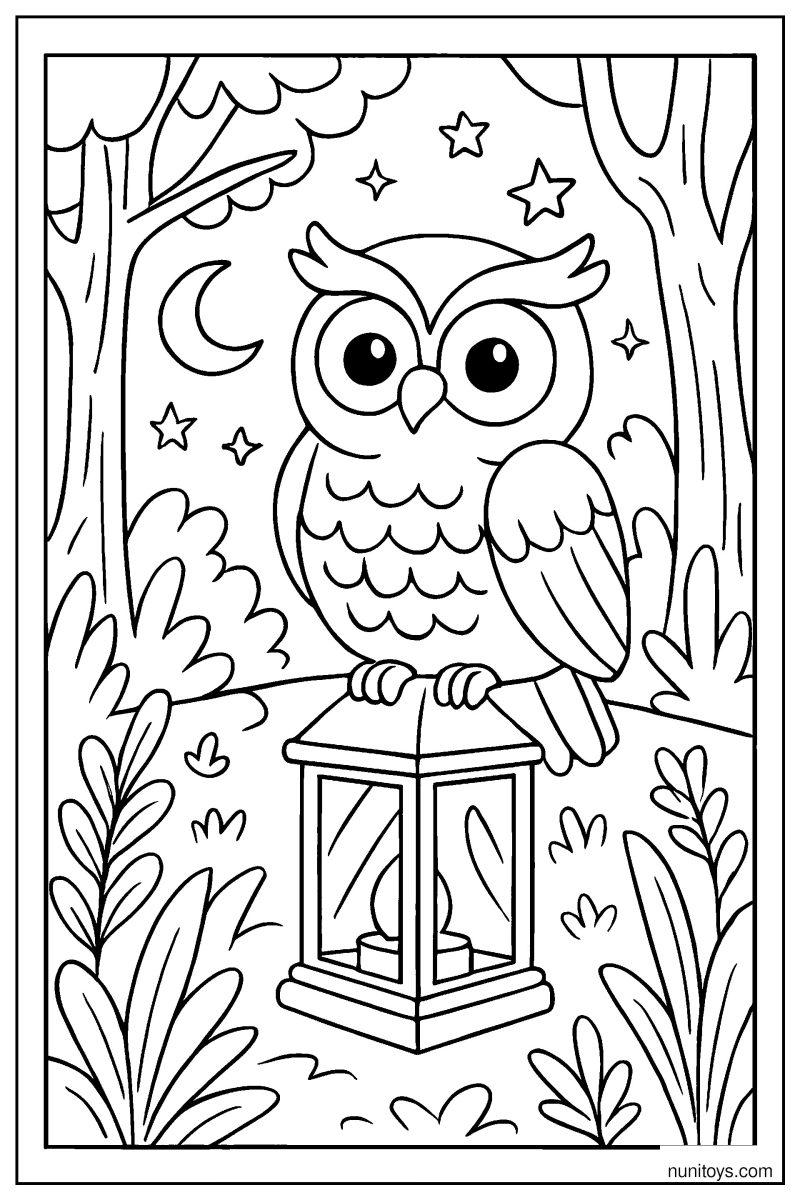דף צביעה של ינשוף עומד על פנס ביער בלילה עם כוכבים