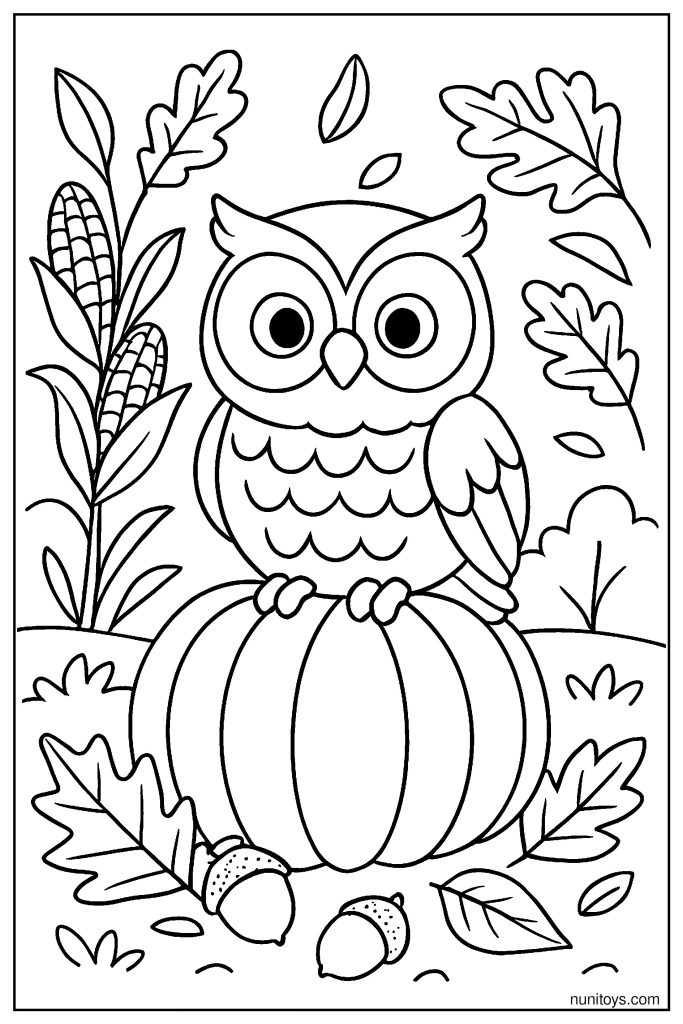 דף צביעה של ינשוף יושב על דלעת בסתיו בין עלים