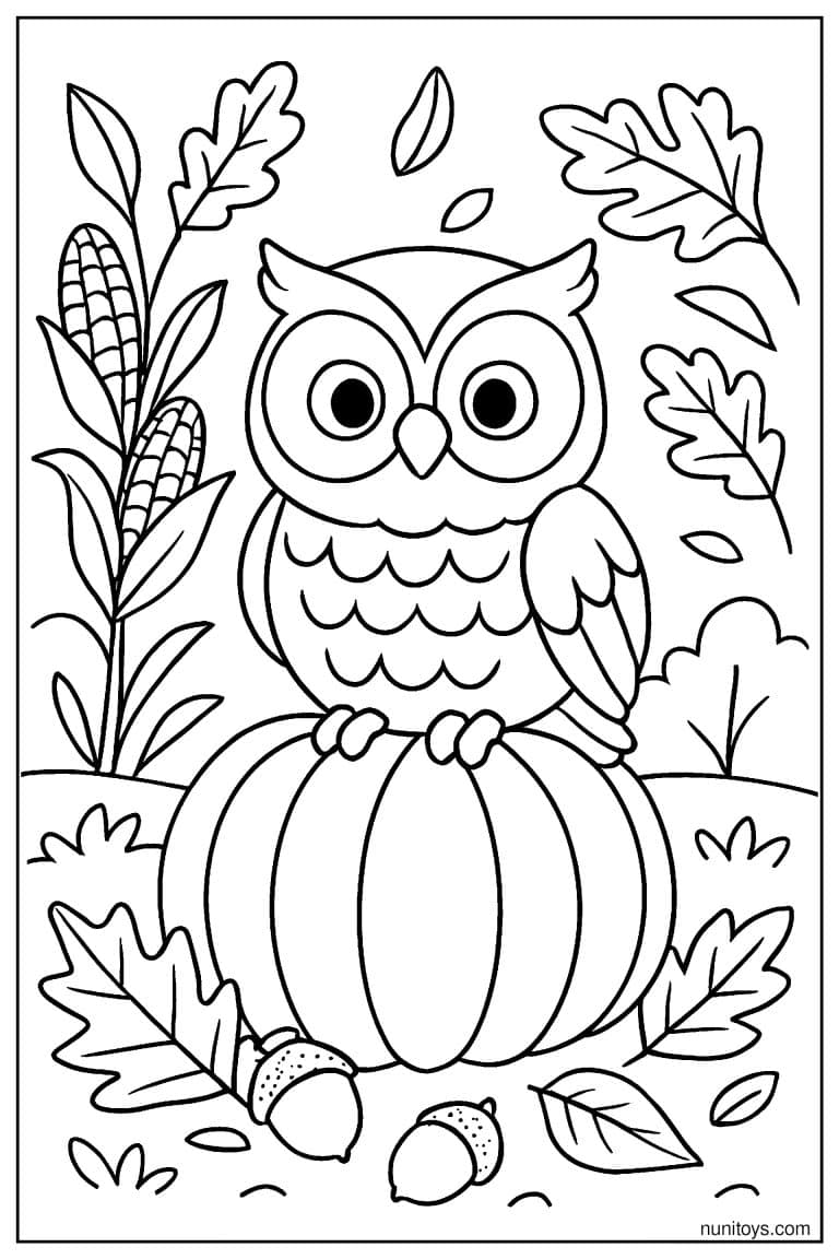 Coloriage d’un hibou perché sur une citrouille d’automne