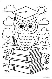 דף צביעה של ינשוף חכם עם כובע סיום עומד על ספרים