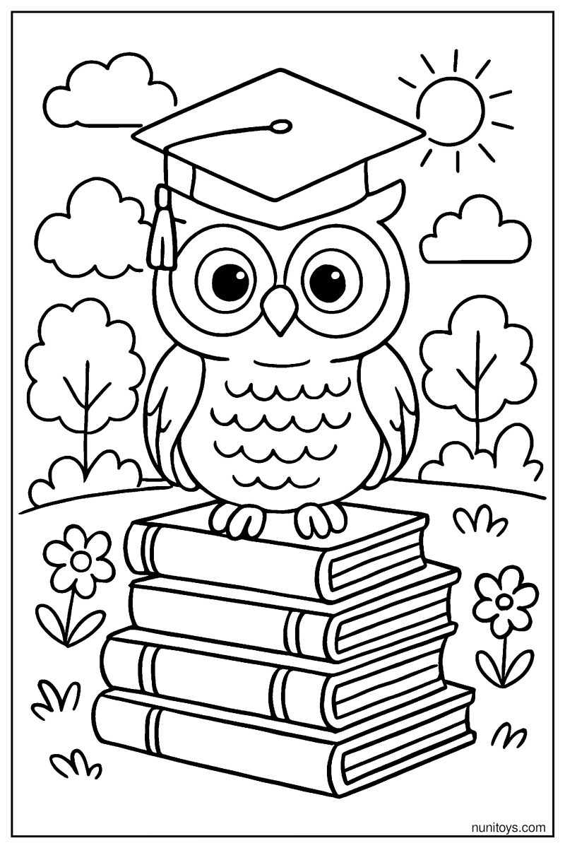 דף צביעה של ינשוף חכם עם כובע סיום עומד על ספרים