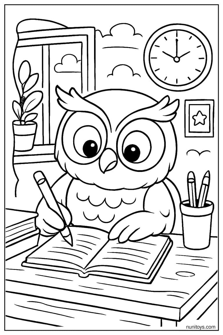 Coloriage d’un hibou écrivant dans son cahier à son bureau