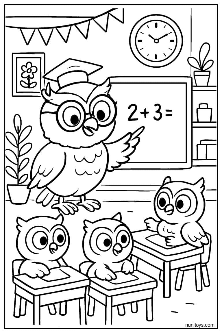 Coloriage d’un professeur hibou enseignant les mathématiques en classe