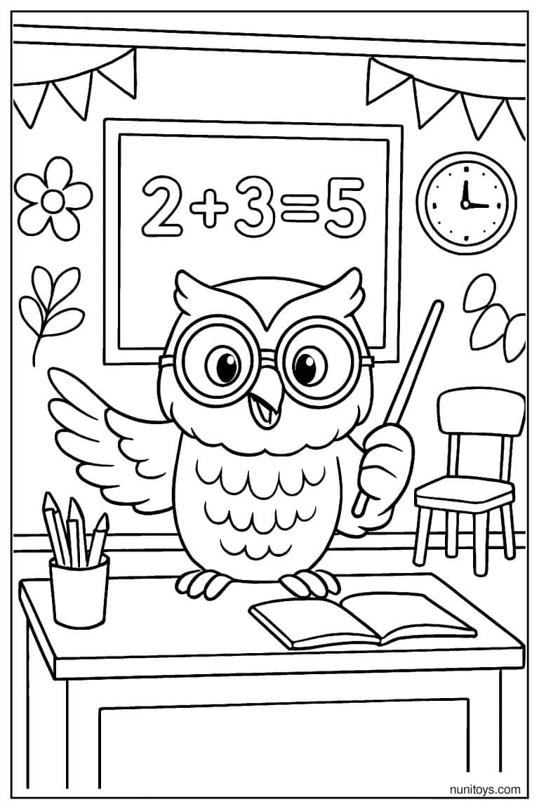 Coloriage d’un professeur hibou expliquant une addition au tableau