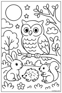 דף צביעה של ינשוף יושב על ענף עם חיות קטנות ביער בלילה