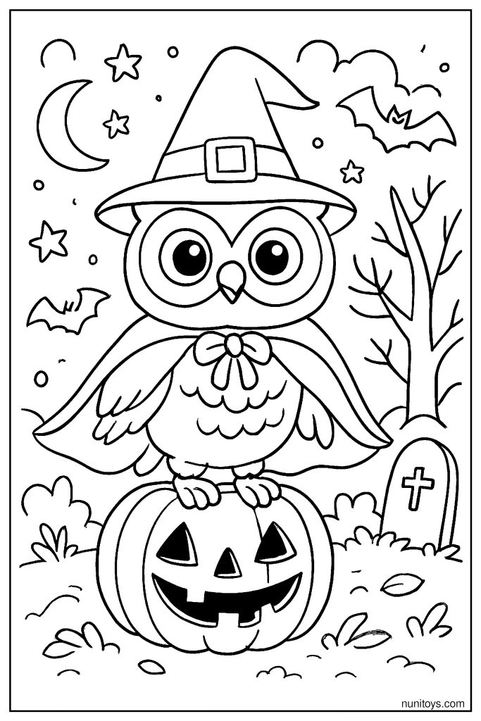 דף צביעה של ינשוף מחופש למכשף עומד על דלעת ליל כל הקדושים