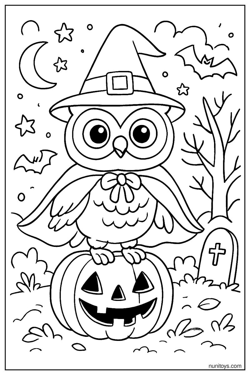 דף צביעה של ינשוף מחופש למכשף עומד על דלעת ליל כל הקדושים