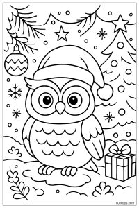 דף צביעה של ינשוף עם כובע סנטה ליד עץ חג מולד