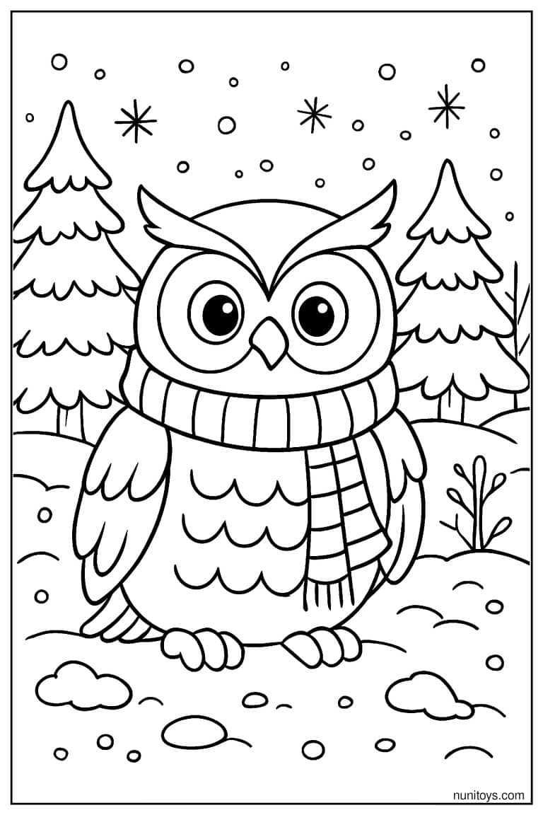 Coloriage d’un hibou emmitouflé dans une forêt enneigée