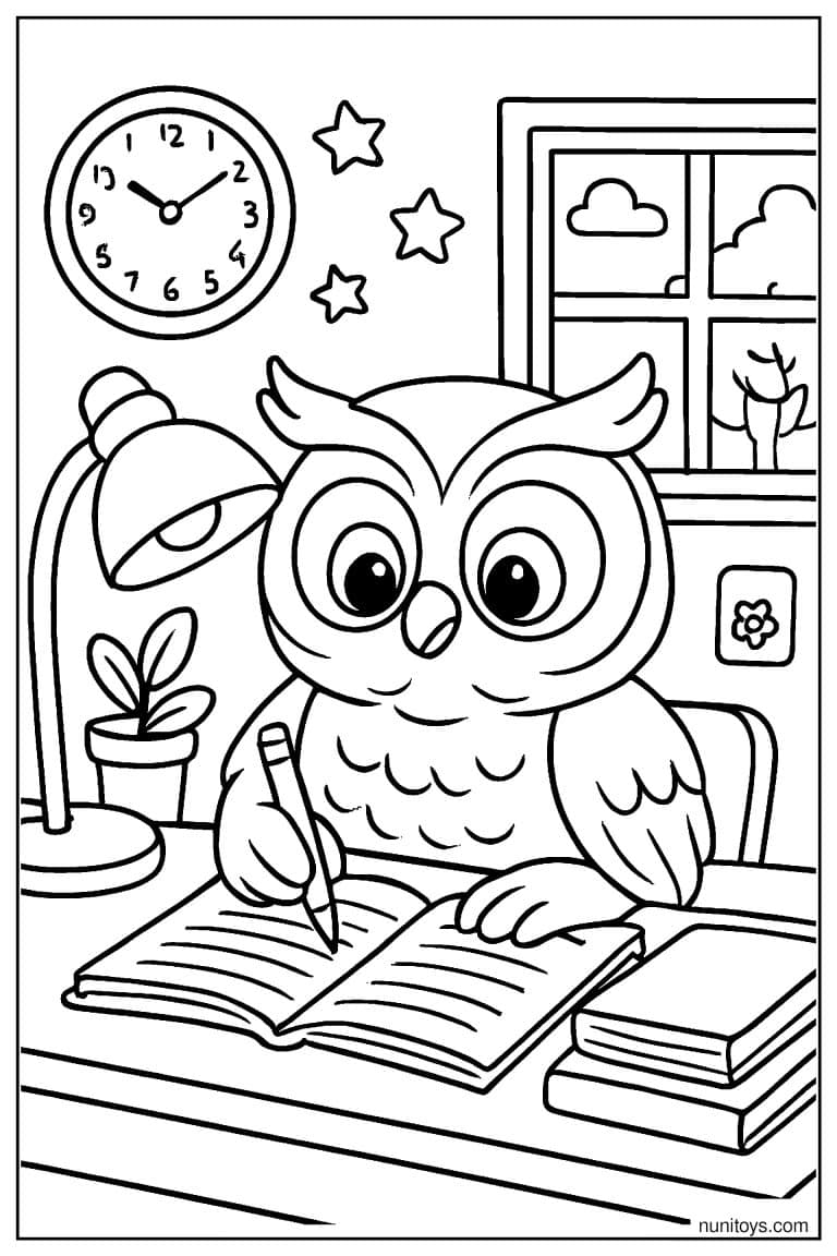 Coloriage d’un hibou écrivant sous une lampe de bureau