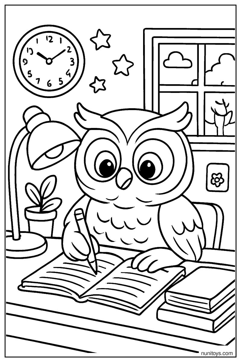 דף צביעה של ינשוף לומד וכותב ליד שולחן בחדר