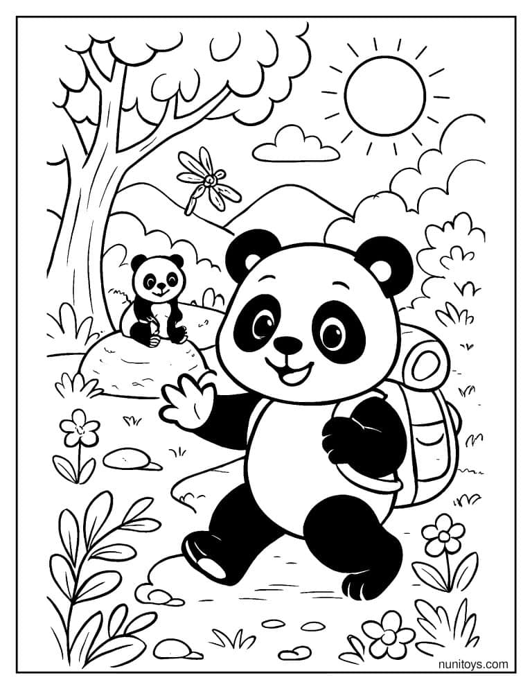Coloriage panda randonneur avec sac à dos sur un sentier forestier