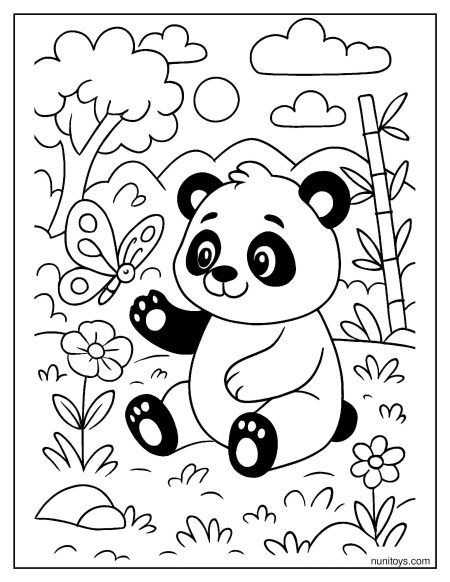 דף צביעה של פנדה משחקת עם פרפר בין פרחים בטבע